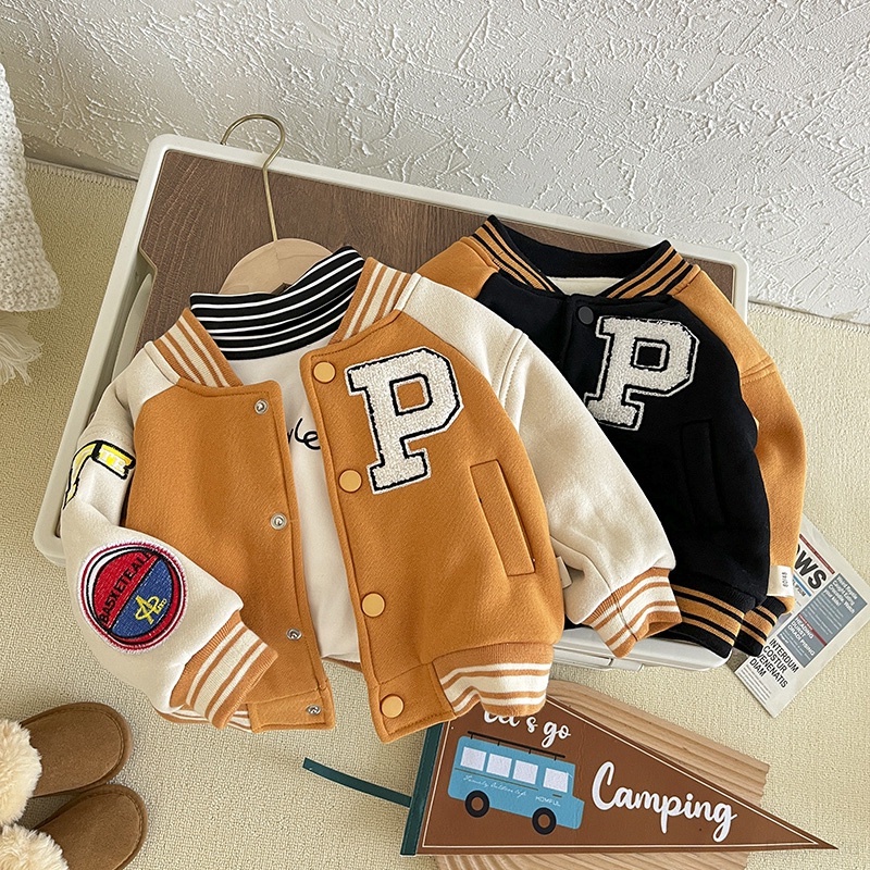 Áo Khoác Bóng Chày Da Lộn Tay Dài Dáng Rộng Lót Lông Cừu Thời Trang Cho Bé