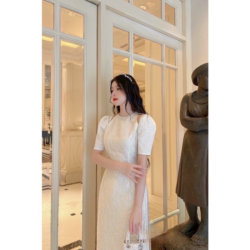 Bigsize Áo dài gấm khoét vai viền ngọc 55-95kg