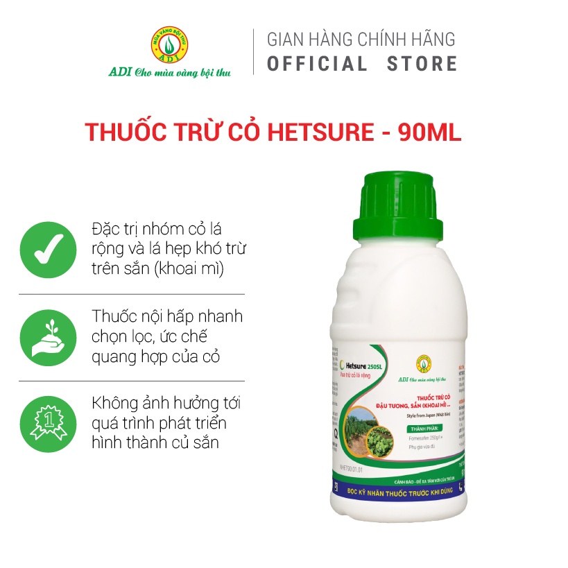 Sản phẩm trừ cỏ Khoai mì (Sắn), Đậu tương HETSURE 250SL, diệt nhóm cỏ lá rộng, lá hẹp an toàn cho cây...90ml, 450ml