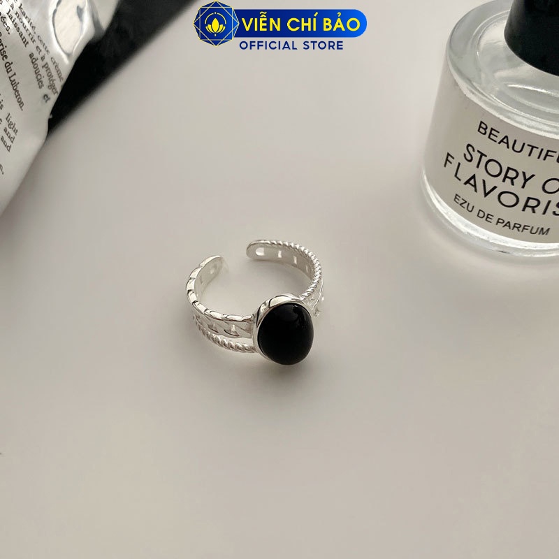 Nhẫn bầu dục đá đen viền xích chất liệu bạc Thái 925 thời trang phụ kiện trang sức nữ Viễn Chí Bảo N000146