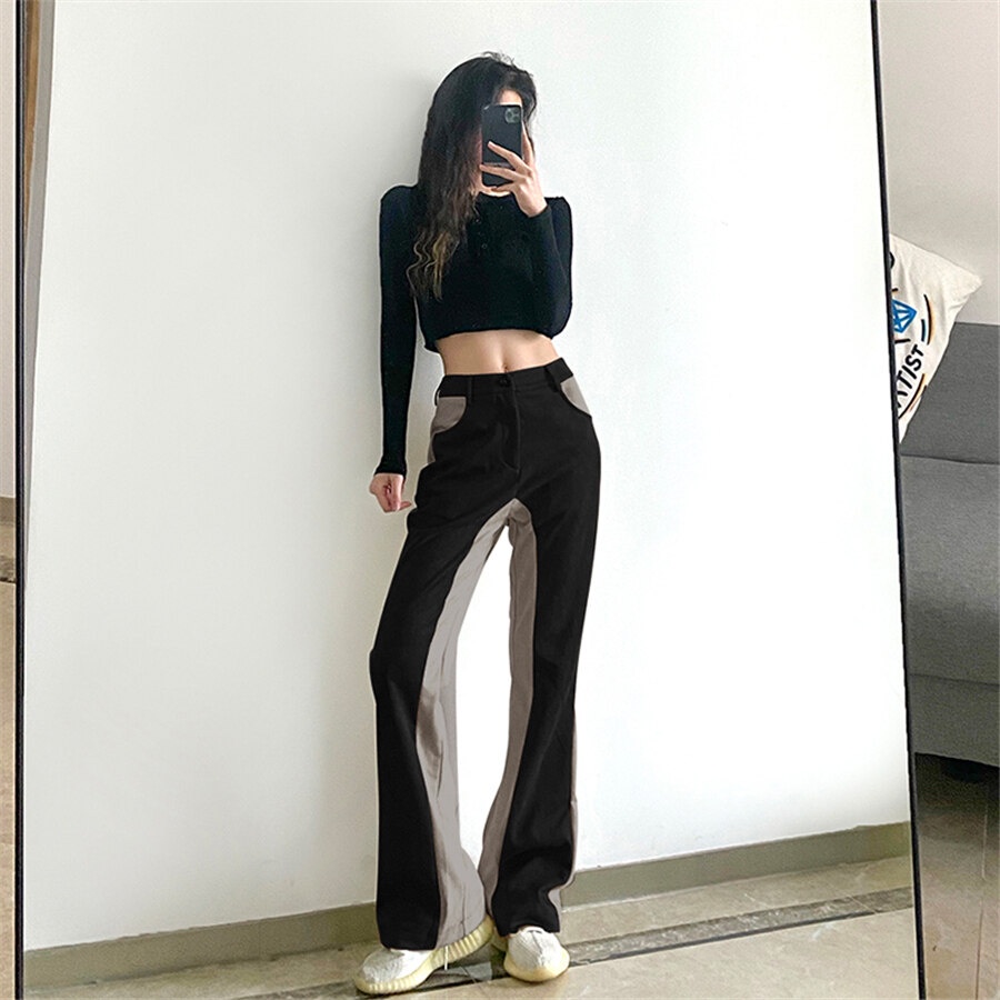 Quần dài WEIRD PUSS lưng cao ống rộng phối màu tương phản thời trang xuân hè cá tính cho nữ