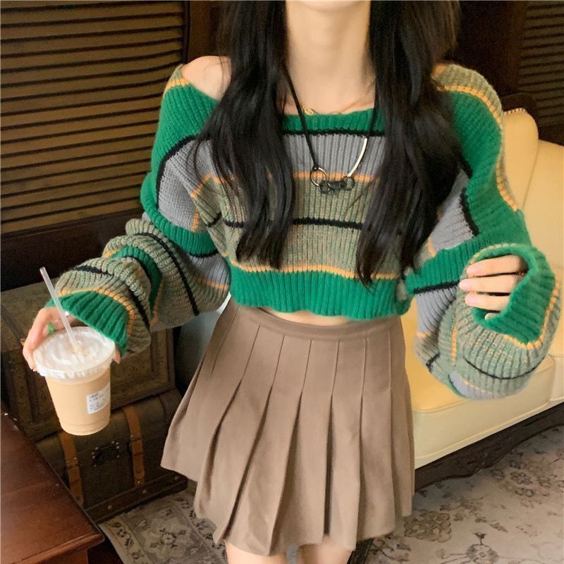 IELGY   Áo sweater Ngắn Kẻ Sọc Màu Sắc Dễ Phối Đồ Thời Trang Cho Nữ