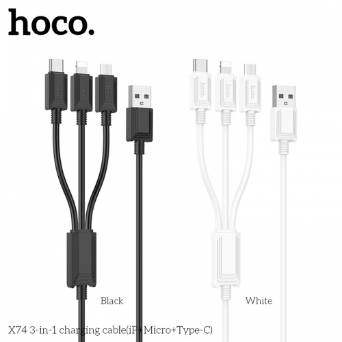 Cáp sạc Hoco X74 3-in-1 USB to Micro+Type-C+Lightning hổ trợ sạc 2.0A dài 100cm chất liệu TPE dẻo bền