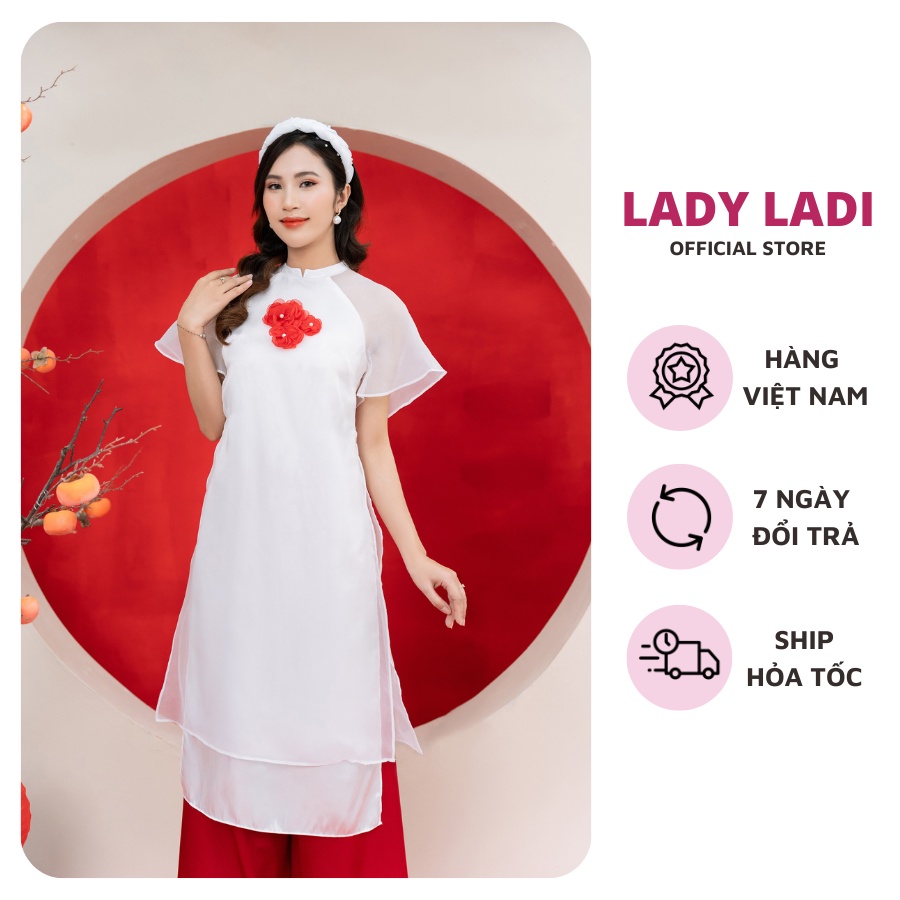 Áo dài cách tân ngắn tay, dáng suông, màu trắng, cổ truyền thống cao 2cm SE019