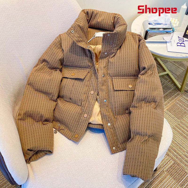 Áo Khoác Đệm Cotton Màu Nâu Dáng Rộng Phong Cách Mới Mùa Đông Cho Nữ