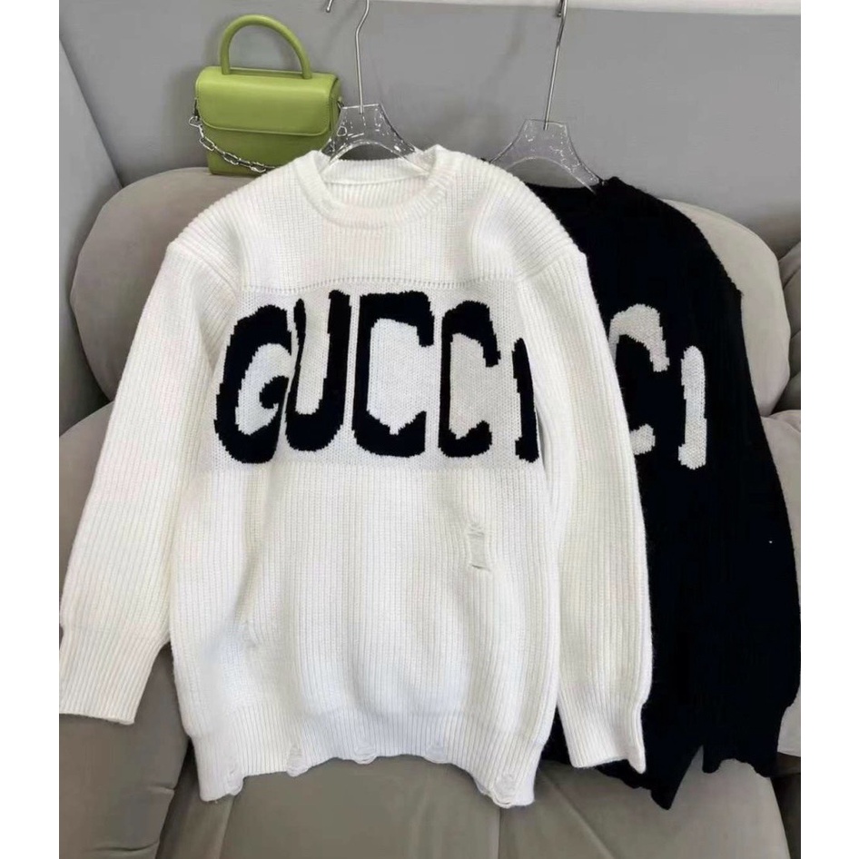 Áo len nữ gucci thụng rộng giấu quần, Áo len nam nữ gucci rách màu trắng/đen phong cách Hàn Quốc