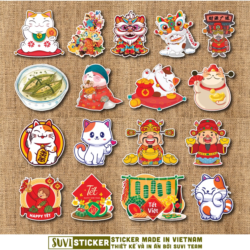 50 Sticker Tết chống nước sticker dán mũ bảo hiểm, laptop, điện thoại, đàn guitar, vali. MSP: NS80