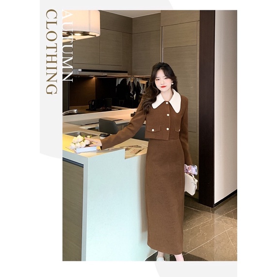 Set nhung mùa Thu áo dài tay cổ bẻ mix cùng chân váy suông dáng dài phong cách Retro