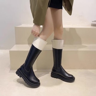 Boot đùi mũi tròn, cổ da phối màu (có video)