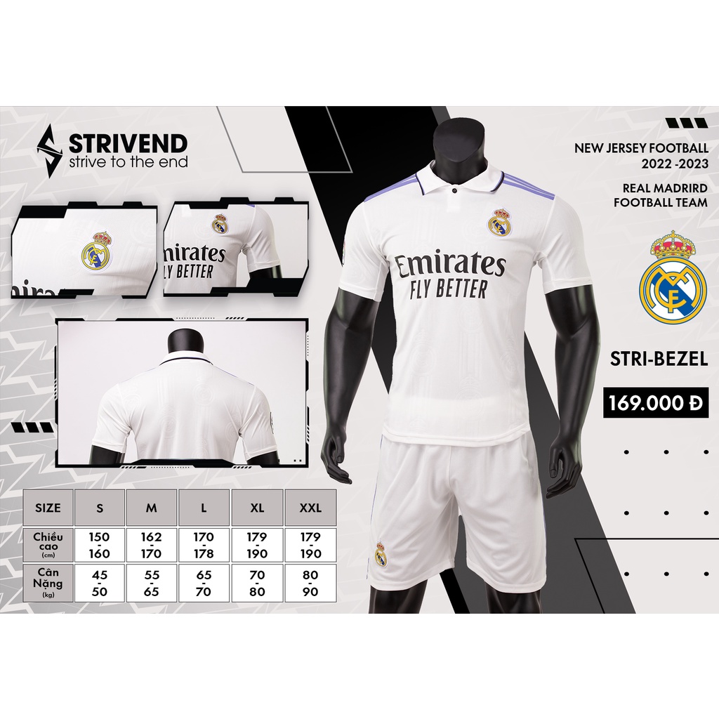 Quần áo bóng đá Real Madrid mùa giải 2022-2023, chất vải mè cao hình thoi cao cấp Strivend