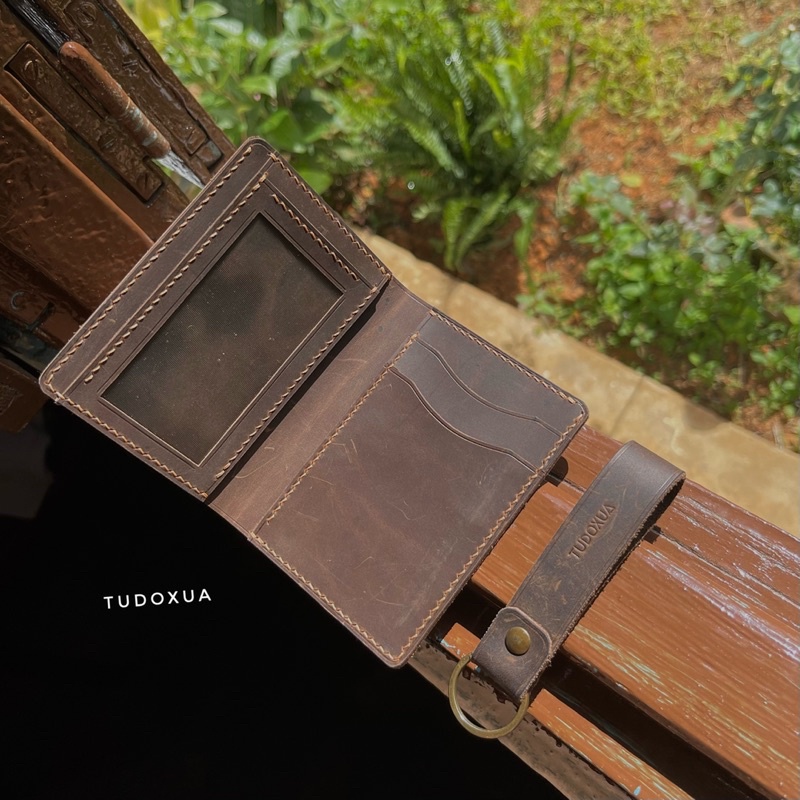 Ví da đứng khắc tên TUDOXUA MNS003 chất liệu da bò thật, tặng kèm móc khóa da