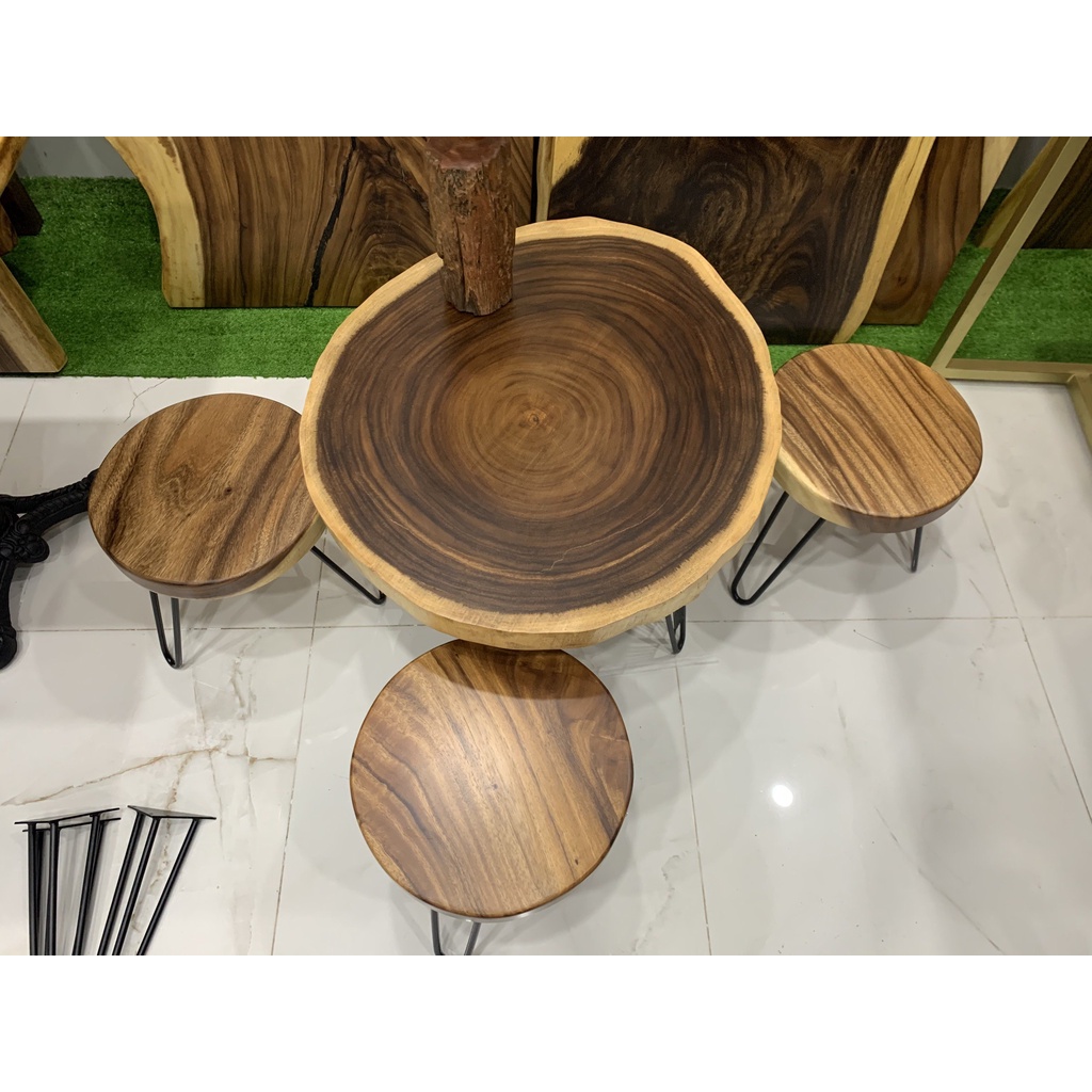 Bàn Ghế Tròn Gỗ Me Tây Chân Sắt Hairpin, Ngồi Cafe, Mộc Trà, Quán Nước, Ban Công