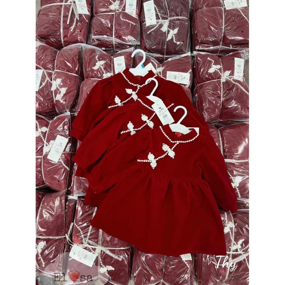 Váy Bé Gái Nhung Đỏ Cổ Tàu Chất Nhung Chéo Xinh Đẹp Dành Cho Bé Cân Nặng 8-25kg