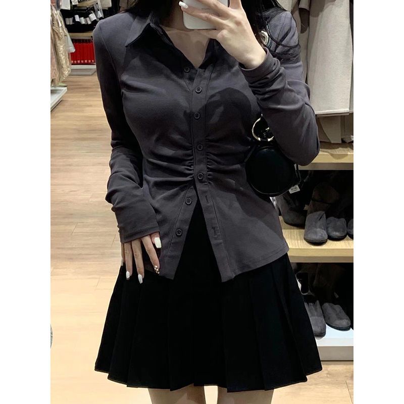 Bộ Áo Sơ Mi + Chân Váy Xếp Ly Màu Trơn Thời Trang Mùa Thu Dành Cho Nữ