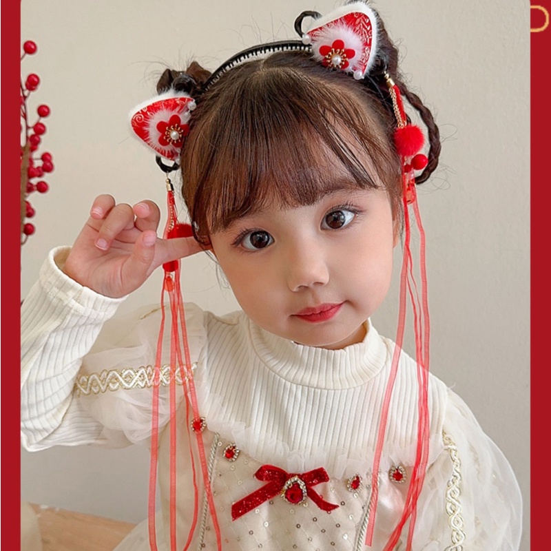 Băng Đô Cài Tóc Đính Ruy Băng Tua Rua Màu Đỏ Phong Cách Trung Hoa Cho Bé Gái
