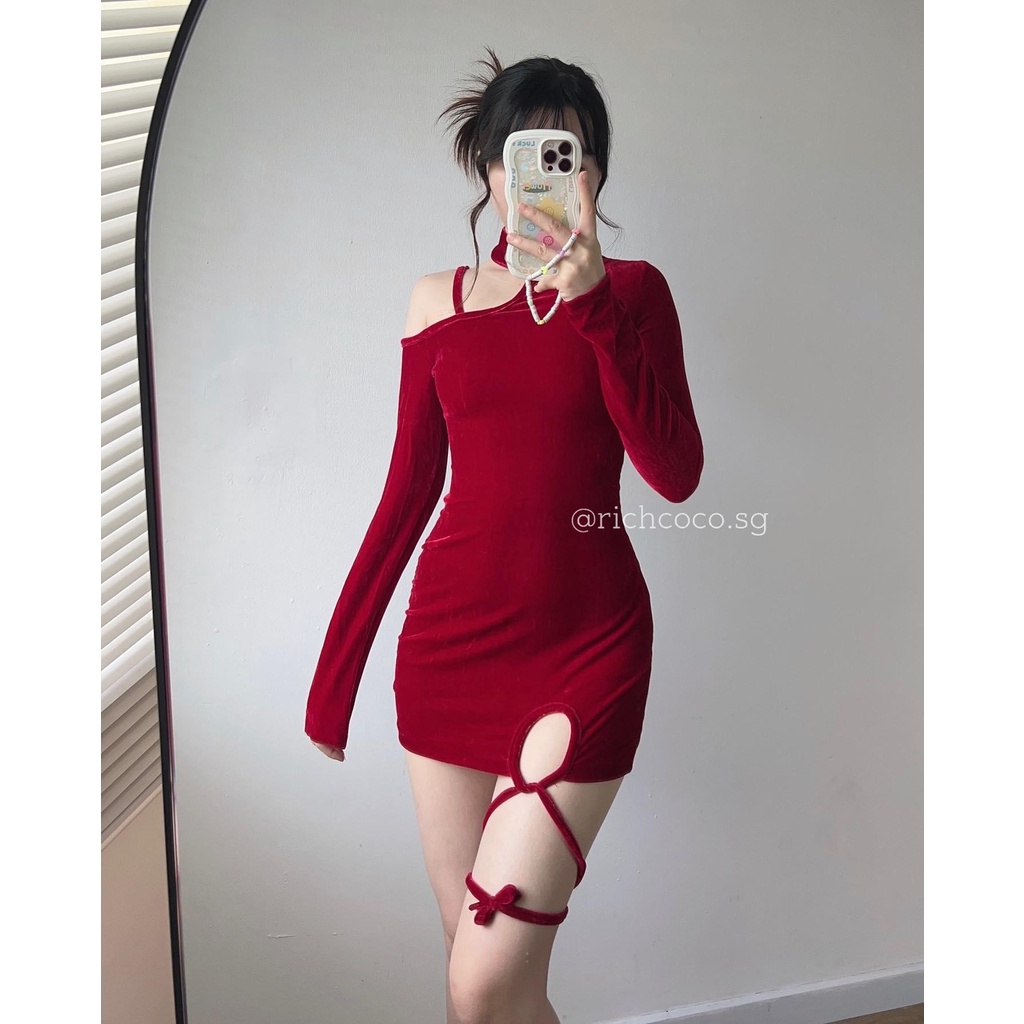 Váy body tay dài nhung ĐỎ cột dây đùi
