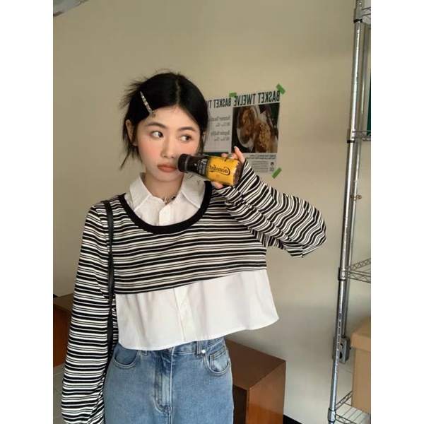 Áo sơ mi giả tay dài kẻ ngang trắng đen