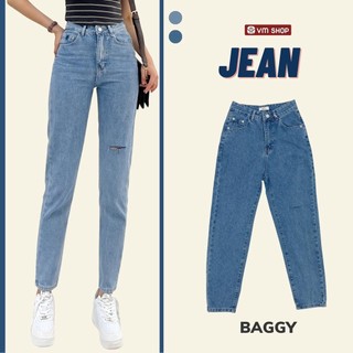 Quần jean nữ baggy VM Shop, quần bò màu xanh đi học cắt 1 bên đùi lai thường (không co giãn) 0036 QJB00020