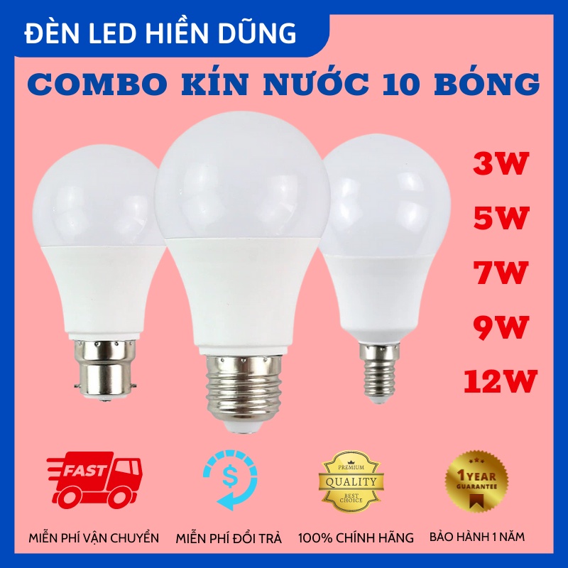 COMBO KÍN NƯỚC 10 BÓNG 3W 5W 7W 9W 12W ĐUI E27 Ánh Sáng Trắng/ Vàng - Siêu Sáng, Siêu Tiết Kiệm Điện