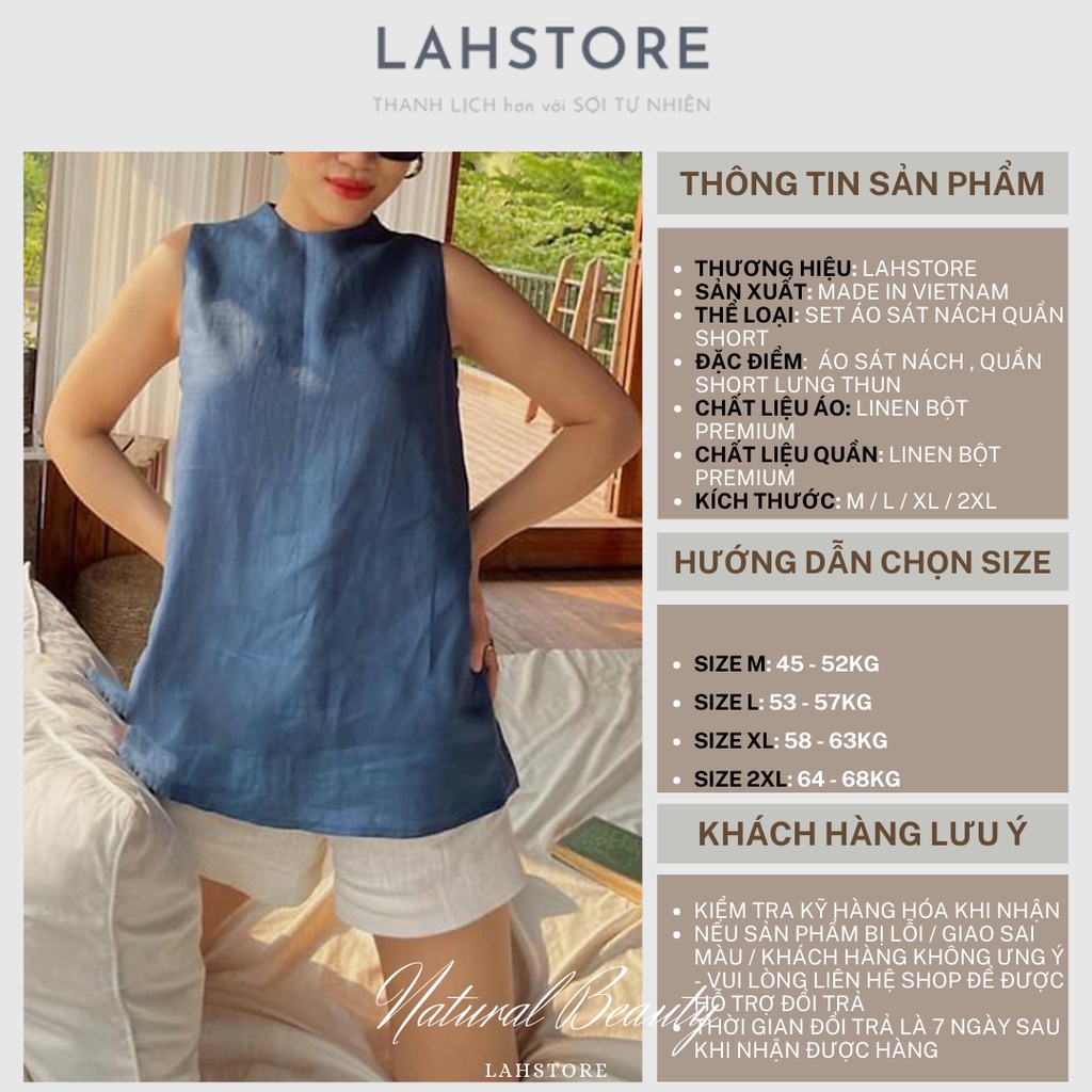 Đồ bộ nữ linen LAHSTORE, Áo sát nách cổ tròn cao, Quần short ống rộng lưng thun (Xanh Đá)
