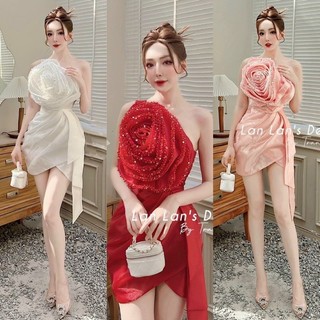 Đầm lụa xốp nhũ lệch vai xoắn bông hoa đính cườm trắng đỏ hồng cao cấp, váy đắp chéo sang trọng dự tiệc sự kiện party
