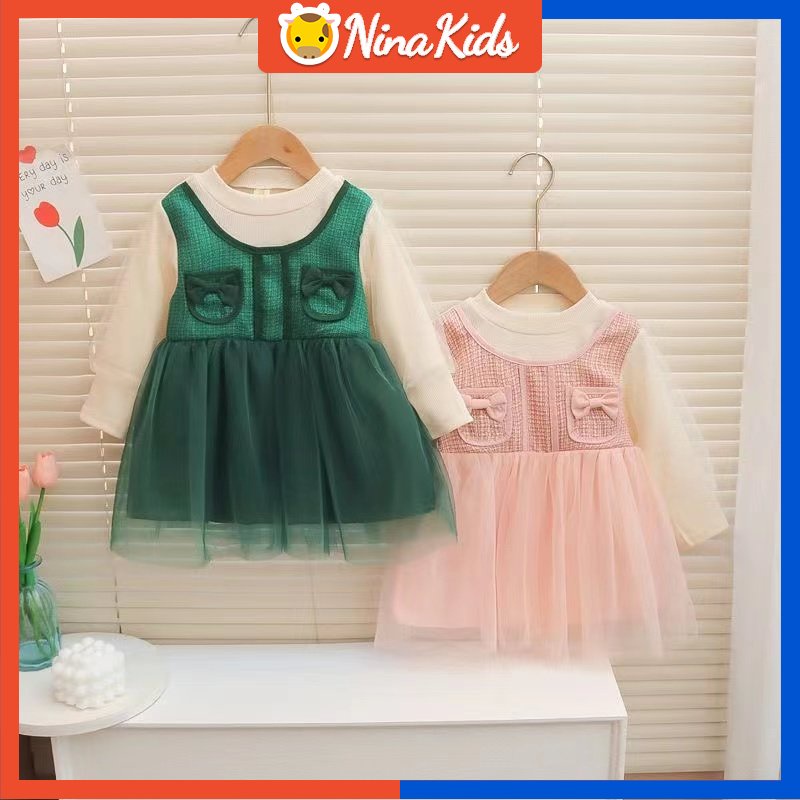 Đầm Dài Tay Phối Lưới Xinh Xắn Dành Cho Bé Gái 0-4 Tuổi