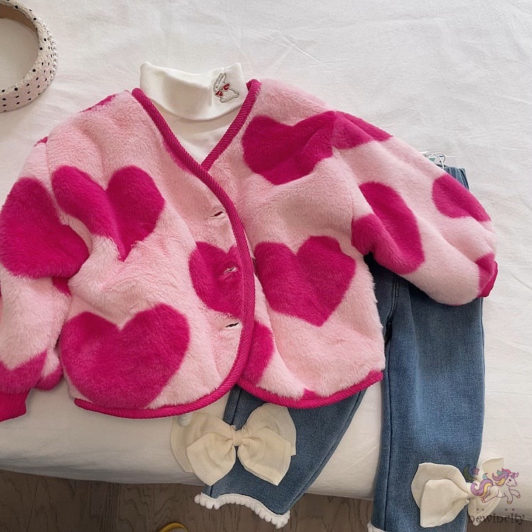 Áo Khoác Lông Cừu In Hình Trái Tim Ngọt Ngào Phong Cách Hàn Quốc Cho Bé Gái