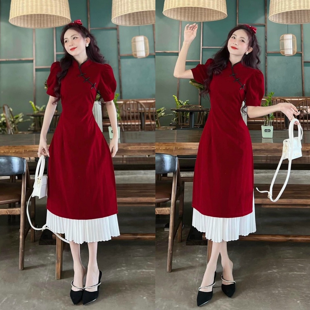 Sét Đầm Nữ Chất Vải Nhung Cứng Cổ Tàu Xẻ Tà Kèm Chân Váy Lụa Xếp Ly Thiết Kế Sang Chảnh Đi Làm Công Sở, Dạ Hội