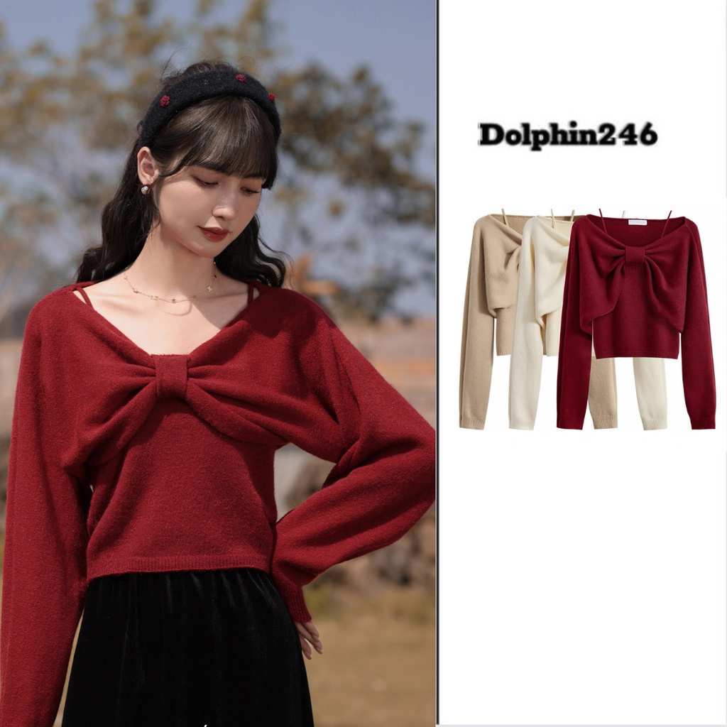 Set áo len 2 chi tiết nơ ngực xinh xắn áo croptop kèm áo 2 dây màu đỏ kiểu Hàn Quốc hàng Quảng Châu HMA-1