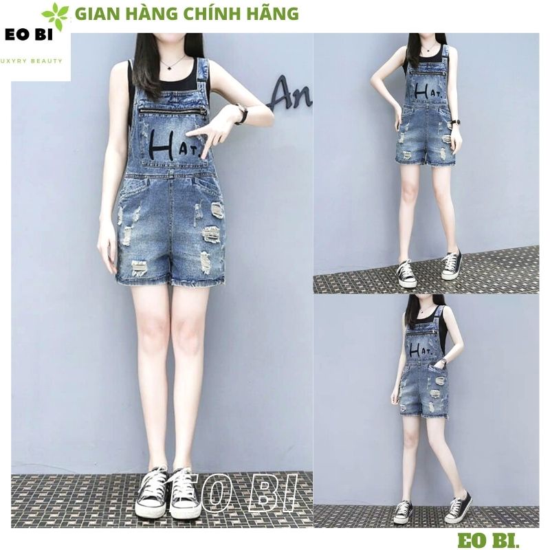 Yếm short bò phối chữ HAT ống rộng phong cách Hàn Quốc, Quần sooc yếm nữ 2 dây túi rách loang màu cực xinh - EOBI