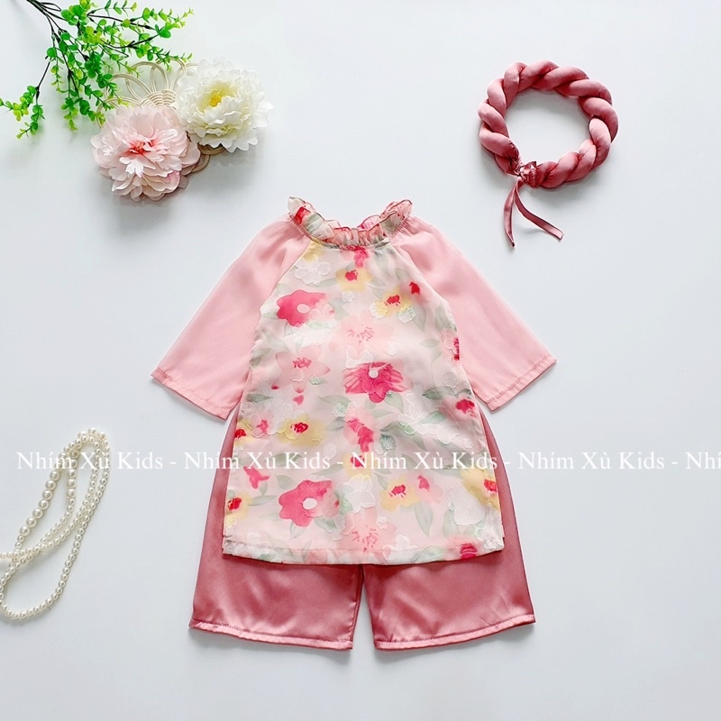 Áo Dài Cách Tân Tơ Hoa Kèm Mấn Cho Mẹ Và Bé Gái 4 Đến 64kg