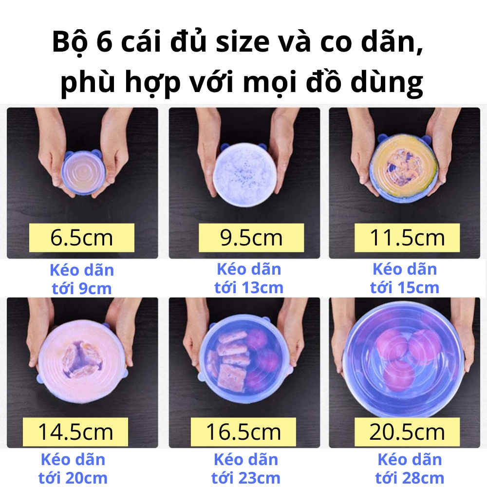 Combo bộ 6 nắp đậy thực phẩm đồ ăn, dùng đậy thức ăn chén bát ly cốc để trong tủ lạnh an toàn tiên lợi