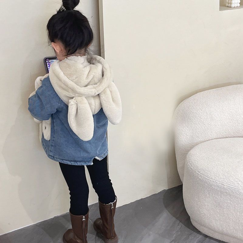 [Babycat] Hàng Có Sẵn Áo Khoác Denim Lót Lông Cừu Dày Dặn Có Mũ Trùm Phong Cách Nhật Bản Hàn Quốc Nhật Bản Mới Cho Bé Gái