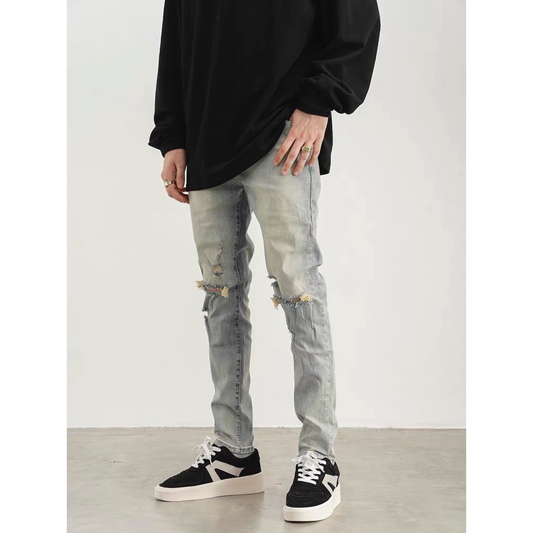 Quần Jean Skinny Rách Gối Bụi Bặm Chất Dày Dặn Co Giãn