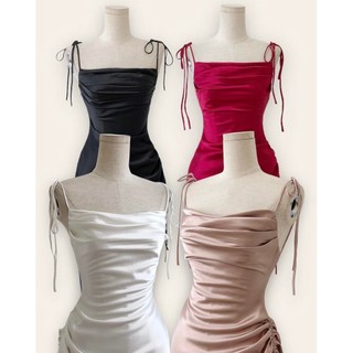 Đầm nữ lụa body dây cột nhún eo cổ đỗ trẻ trung Mụp Store