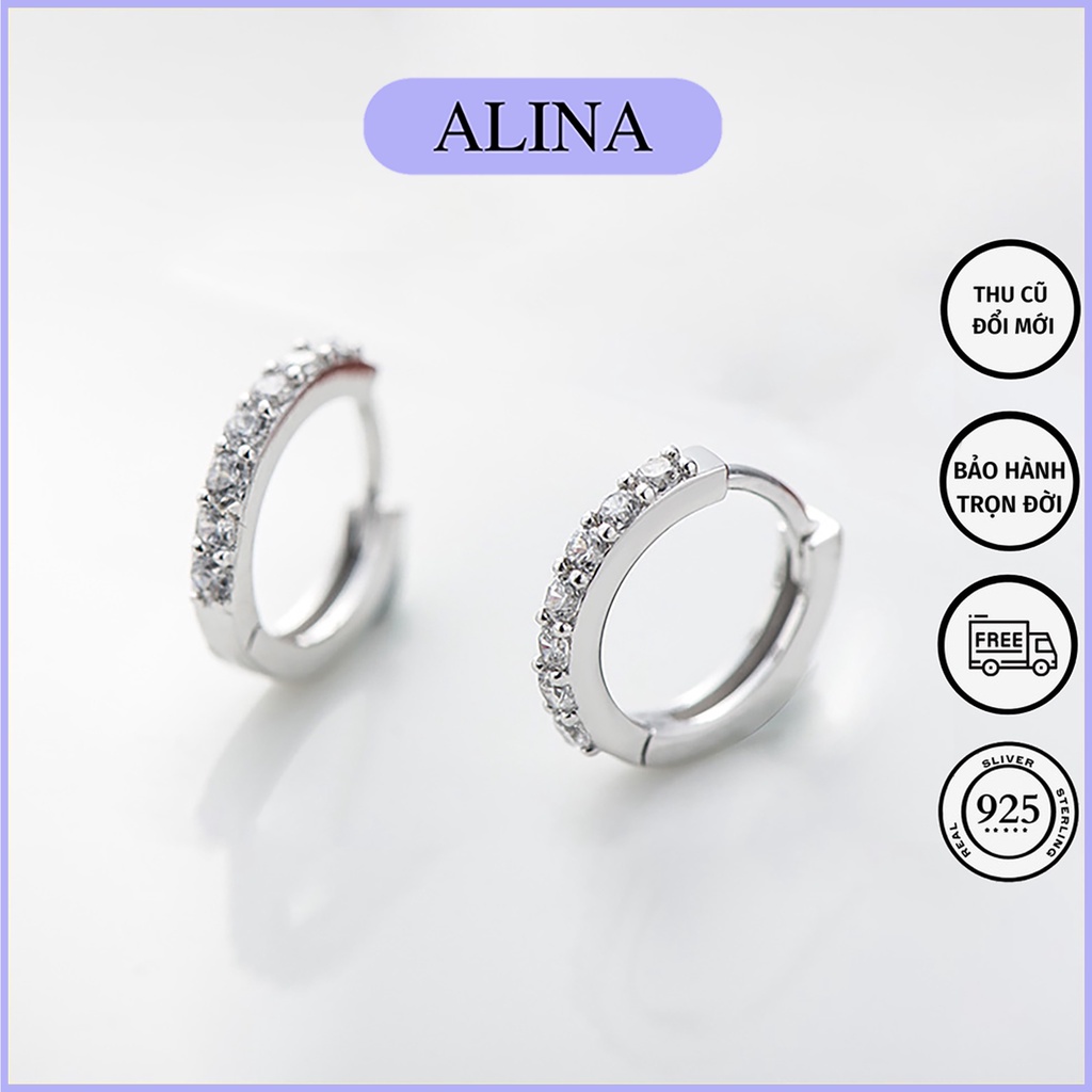 Khuyên Tai Tròn Bạc 925 Đính Đá Khuyên Tai Trơn Bấm Bật Alina 1048