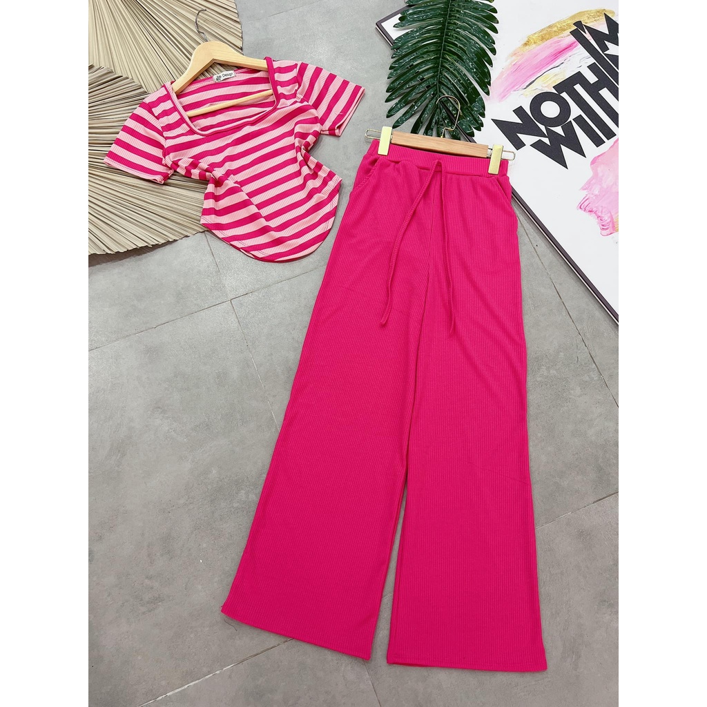 Đồ bộ nữ, set đồ bộ quần ống rộng đai cao có túi, áo croptop ngắn tay cổ vuông lai bầu thun cotton gân, bộ đồ nữ