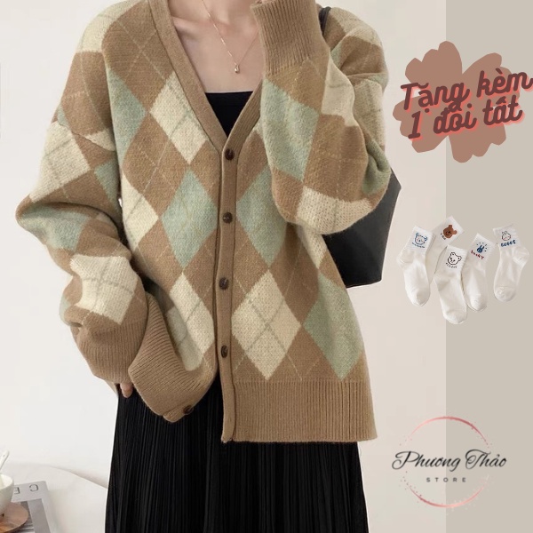 Áo cadigan len thổ cẩm nữ dáng dài tay vintage Hàn Quốc