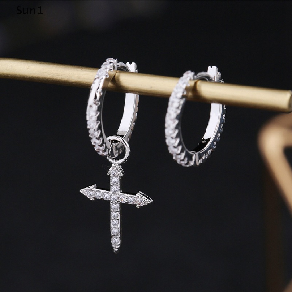 Sun1 &gt; Khuyên Tai Tròn Không Đối Xứng Mặt Thánh Giá Đính Đá Zircon Bằng Bạc Sterling