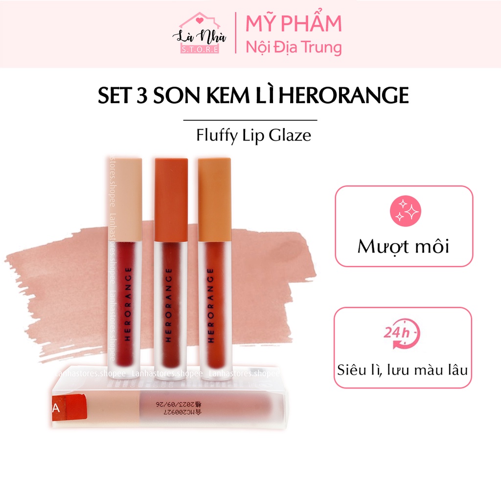 Set 3 son kem lì Herorange Fluffy Lip Glaze, bộ son kem giá rẻ 3 màu hottrends lâu trôi hàng nội địa trung cao cấp.