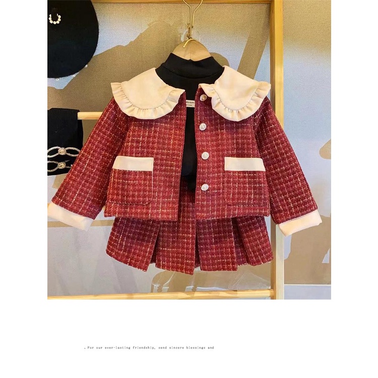 Bộ Đồ Áo Khoác Dạ Tweed Cổ Bèo Và Chân Váy Xếp Ly Hàng QC Cao Cấp Cho Bé Gái