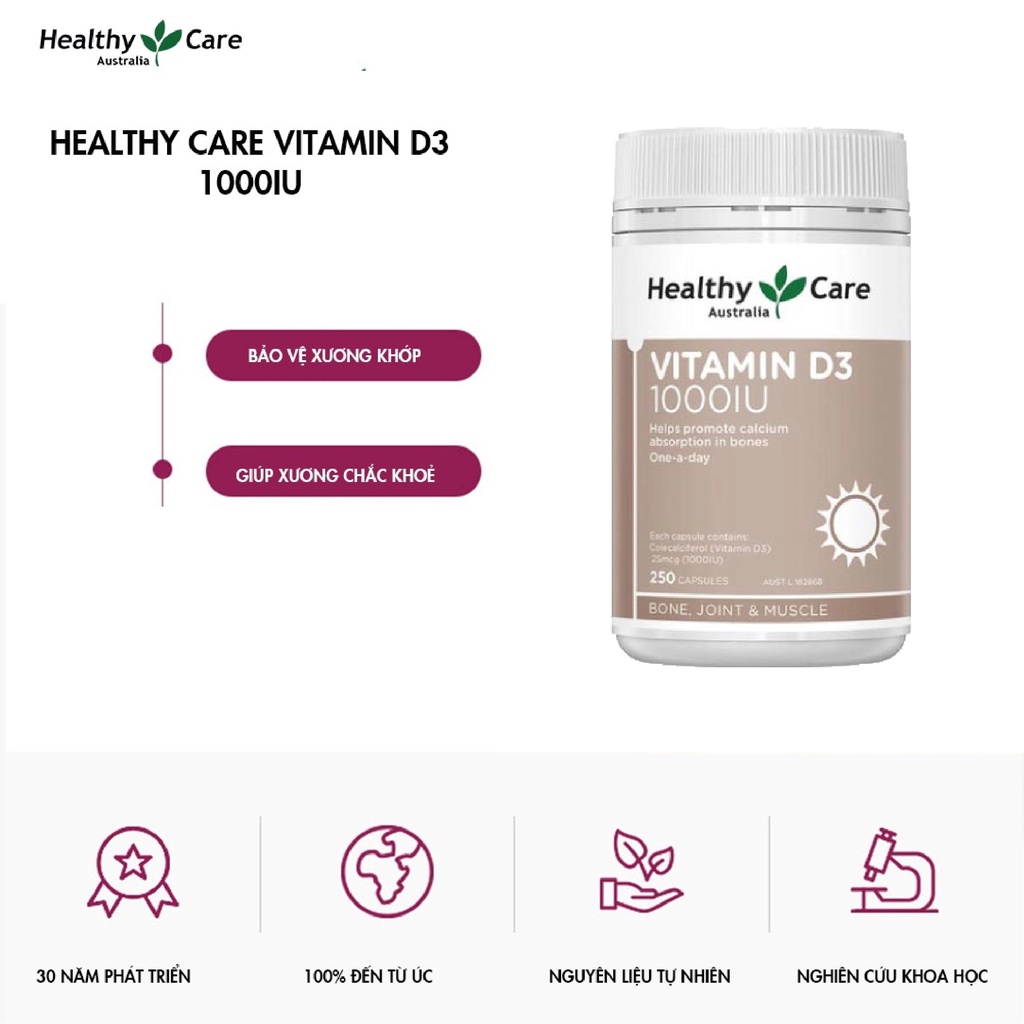 Viên uống chống loãng xương Healthy Care Vitamin D3 1000IU 250 viên Úc