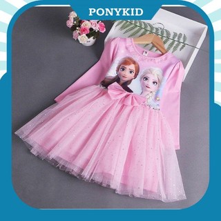 Váy Elsa dài tay chất cotton chân voan đính nơ cho bé gái