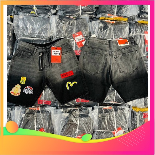 quần short jean nam, quần ngố nam,quần đùi bò nam phối 2 mầu họa tiết hình thêu tinh sảo