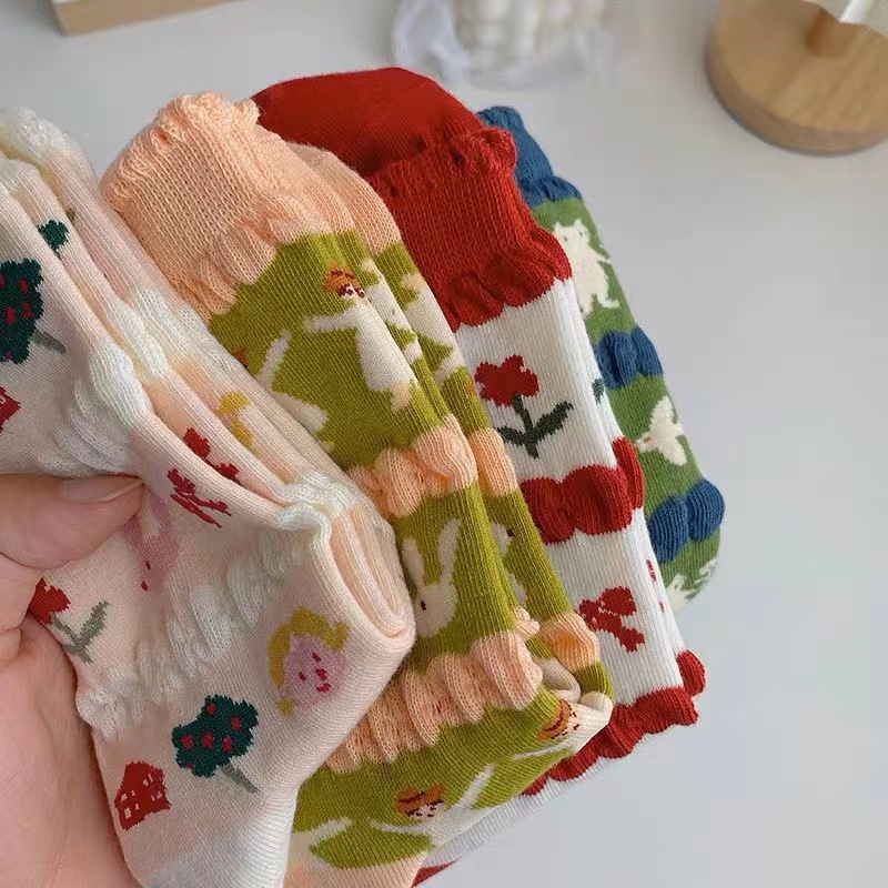 Vớ Cotton Cổ Trung Họa Tiết Hoạt Hình Chú Thỏ / Mèo Dễ Thương Thời Trang Cho Nữ
