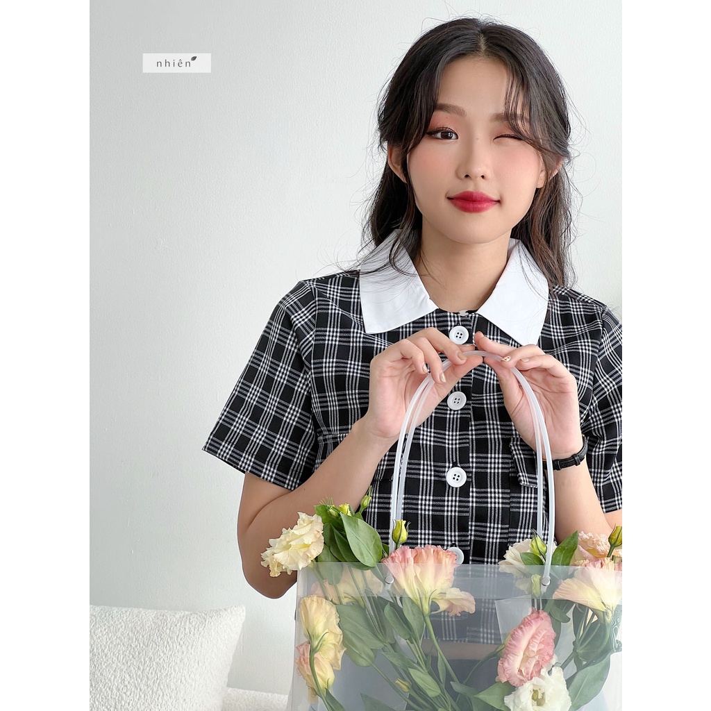 Áo sơ mi caro nhí nữ - áo kiểu nữ công sở túi hộp nhiennhienvintage BA190