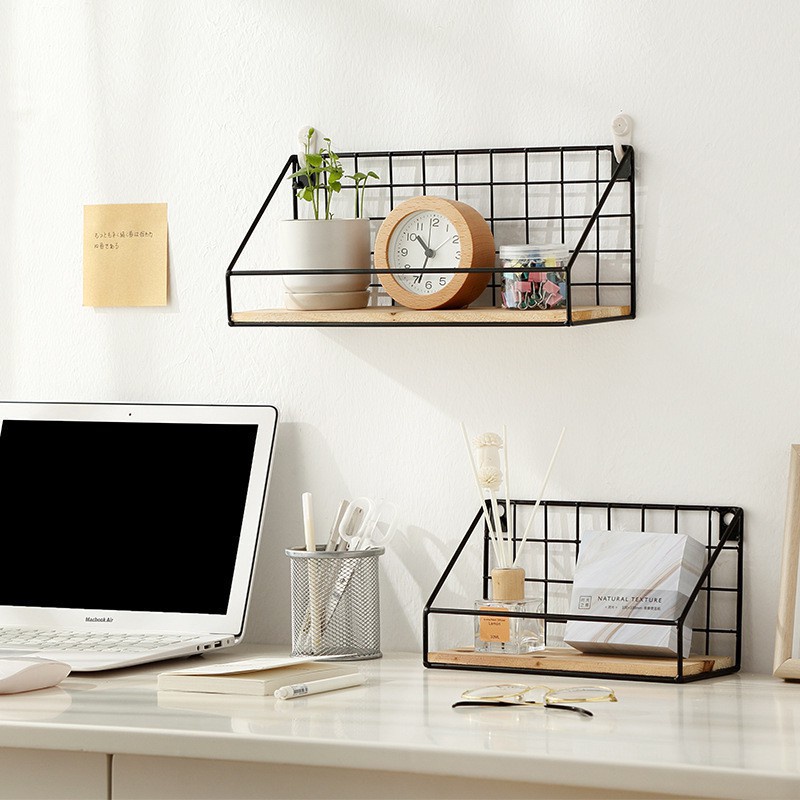 Kệ Trang Trí Nhà Cửa, Kệ Sắt Đáy Gỗ Để Đồ Mỹ Phẩm, Phòng Tắm, Nhà Bếp Treo Tường Đa Năng Chắc Chắn