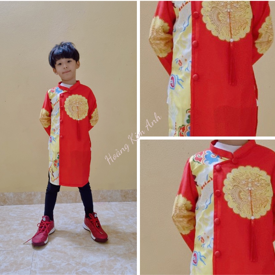 ÁO DÀI CÁCH TÂN BÉ TRAI, TRẺ EM IN HỌA TIẾT TRÒN VÀNG RỒNG CÁCH ĐIỆU MÀU ĐỎ, ÁO DÀI TRẺ CON TRUYỀN THỐNG ĐẸP MẶC TẾT