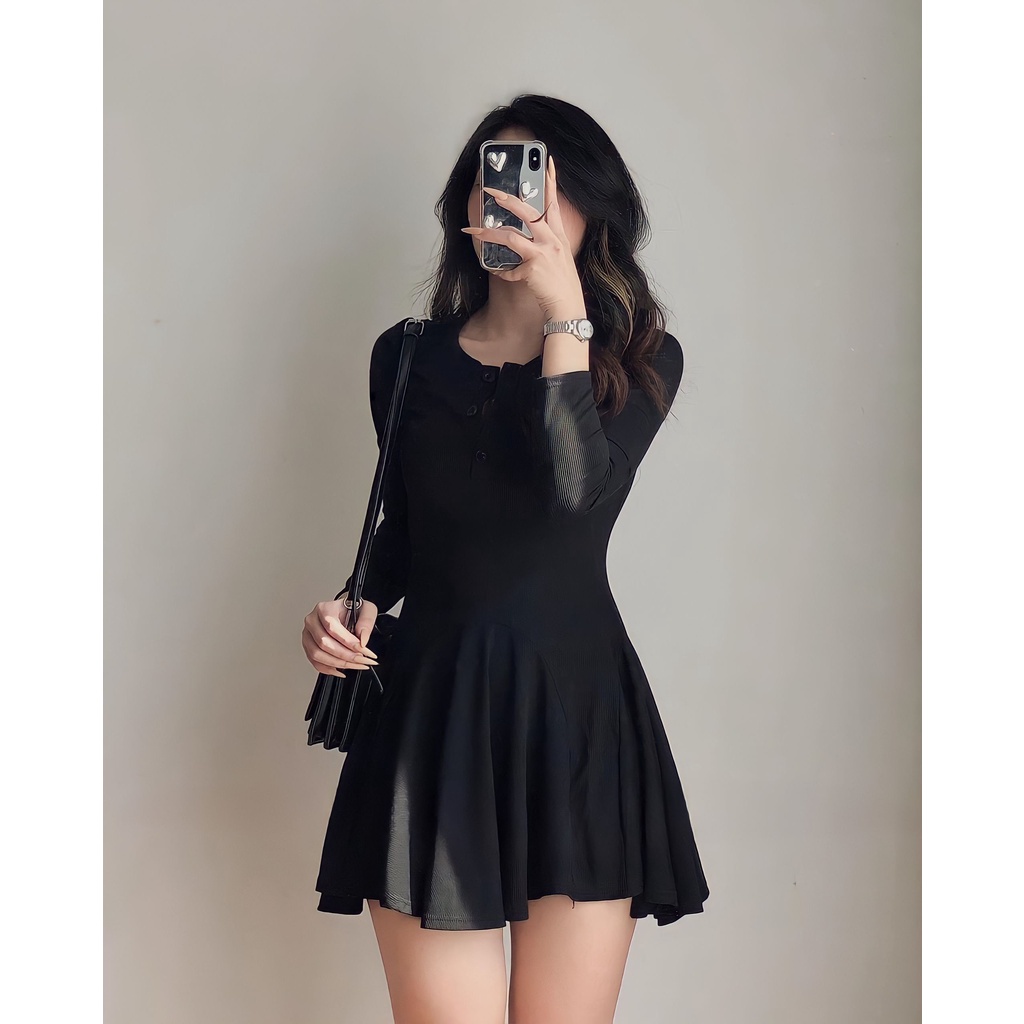 Váy body  dài tay dáng ngắn khuy ngực borip gân Freesize form dưới 60kg mặc đẹp-MInxy shop