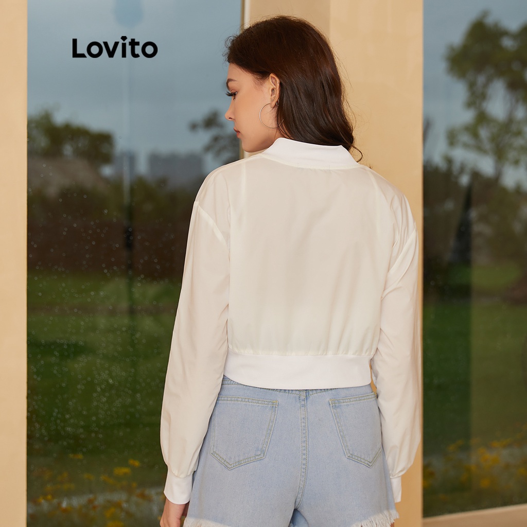 Lovito Áo khoác bóng chày trơn có cổ Zip Up L24ED040 (Trắng)